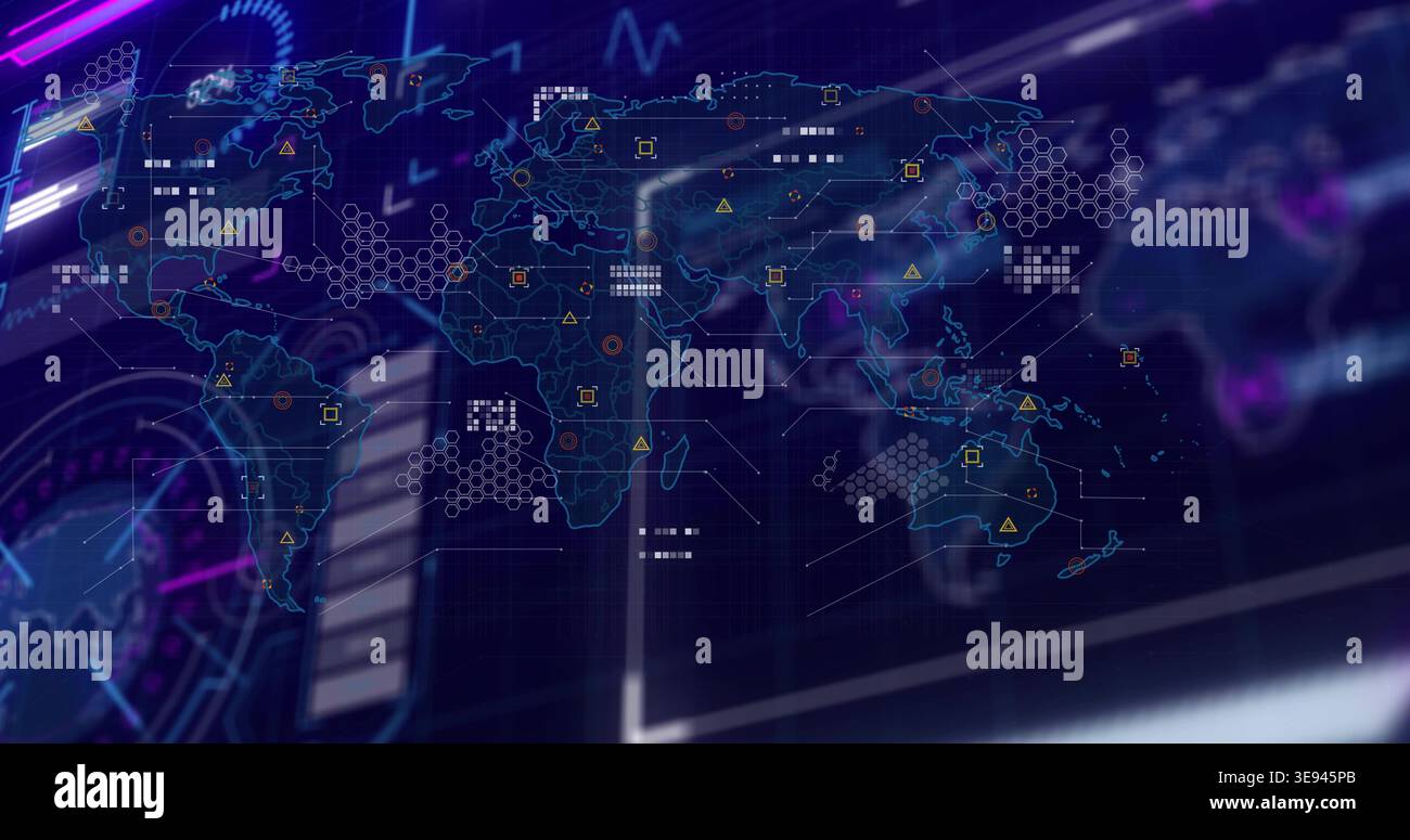 Displaying digital world map highlighting hex clusters, data nodes, warning icons on control hub Stock Photo