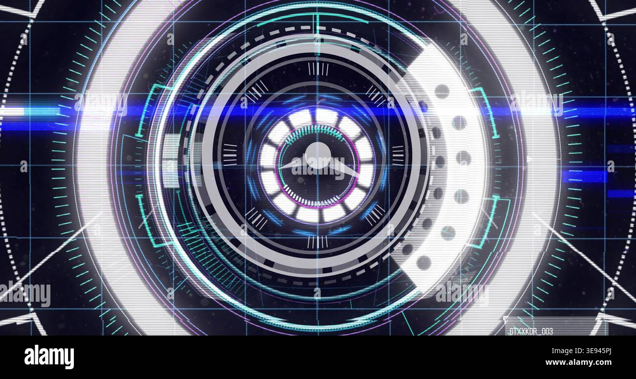 Displaying central circular HUD glowing and rotating on dark grid interface, with concentric rings Stock Photo