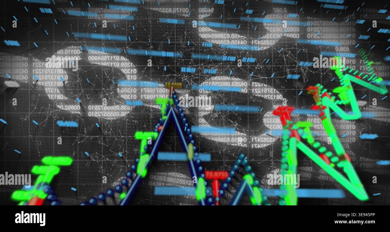 Displaying 3D financial charts sweeping dark virtual grid, with floating numeric strings and nodes Stock Photo
