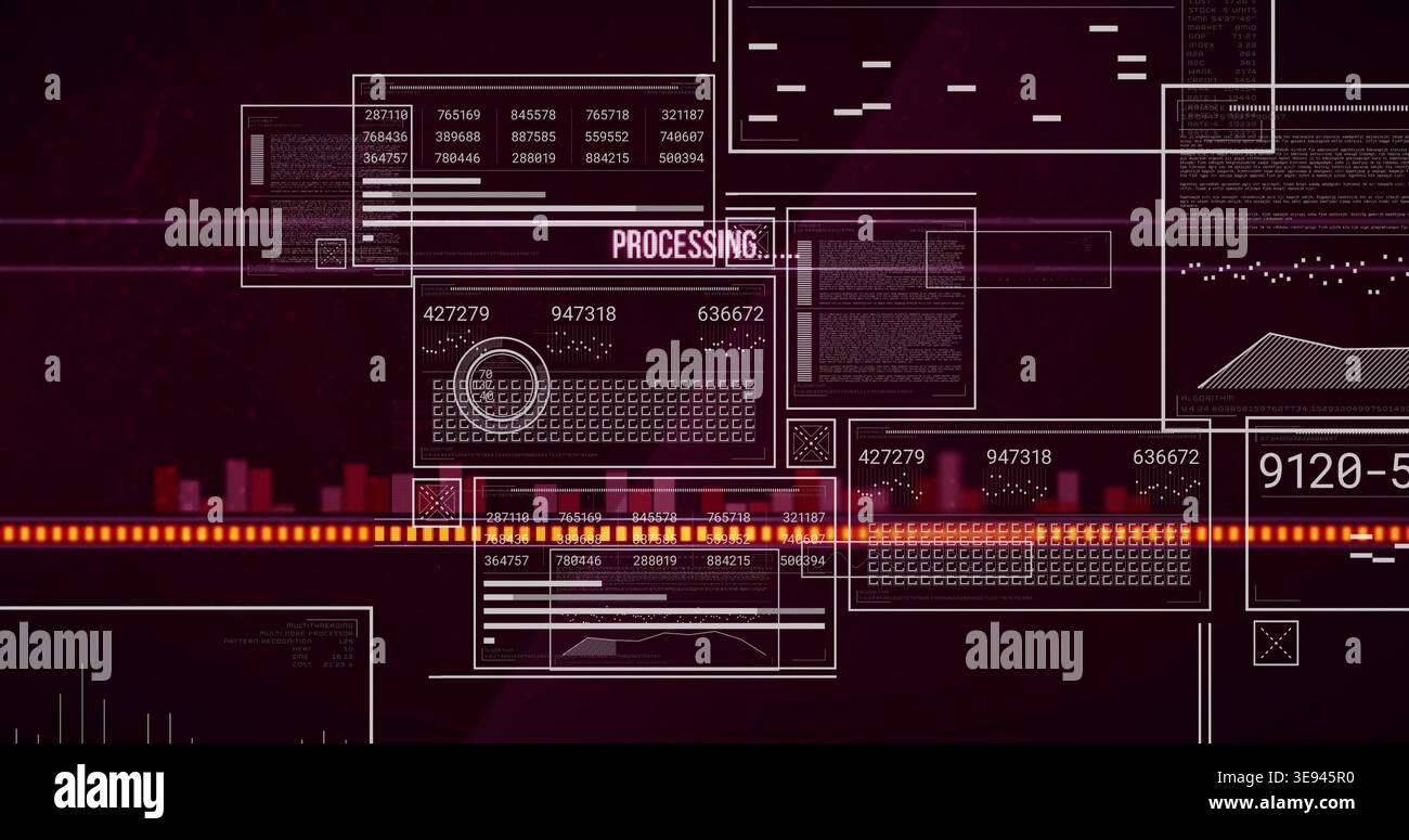 Displaying central dashboard showing numeric codes in HUD, UI panels, glowing scanline, PROCESSING Stock Photo