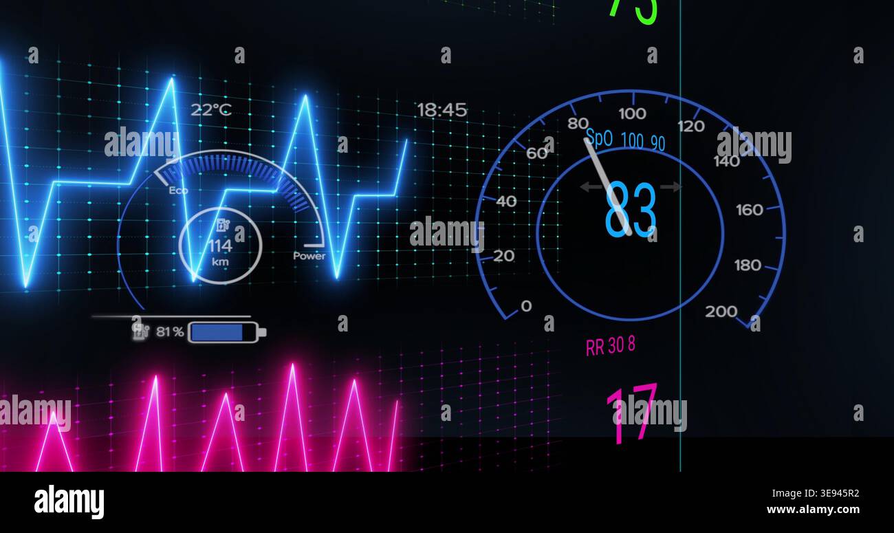 Displaying digital dashboard HUD glowing on dark backdrop, with speedometer, neon ECG waveform Stock Photo