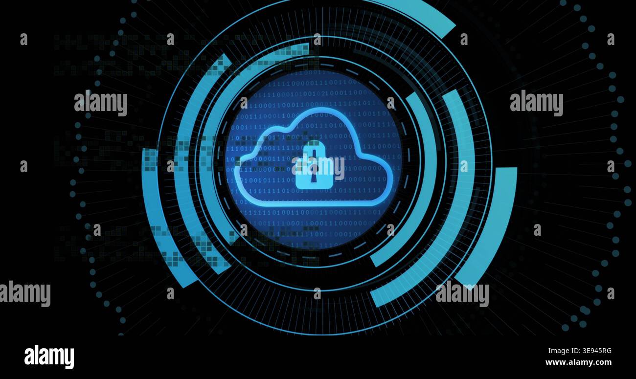Displaying centered blue cloud lock icon in HUD rings, with binary digits, spokes, data blocks Stock Photo
