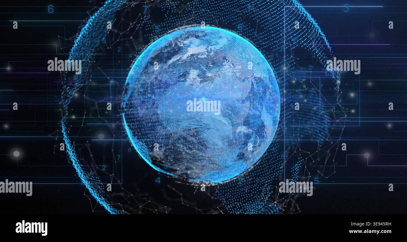Displaying holographic Earth globe rotating in cyber HUD with nodes ...