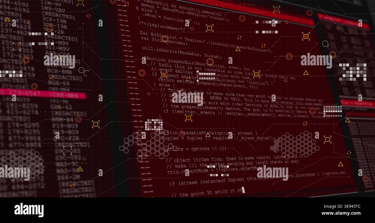 Displaying central red code window scrolling code text on monitor screen, with hex HUD overlays Stock Photo