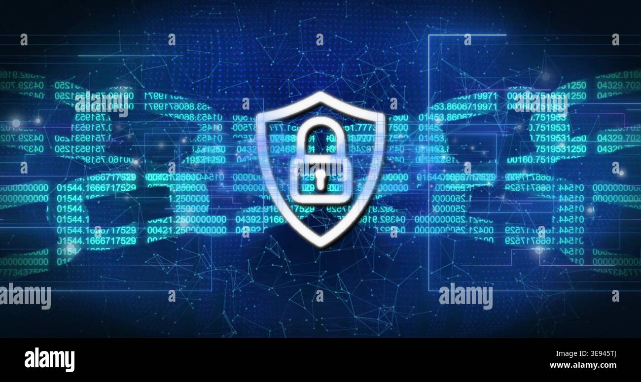 Displaying centered shield emblem glowing in digital cyberspace, with padlock icon and code streams Stock Photo