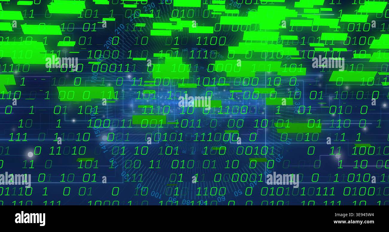 Pulsing green binary code flowing across net on incoming data, showing encryption with circuits Stock Photo