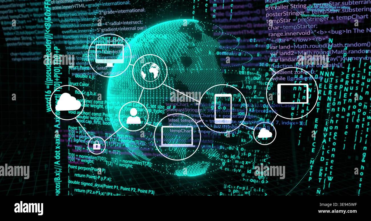 Radiating teal globe sending links across virtual grid with cloud and device icons, code streams Stock Photo