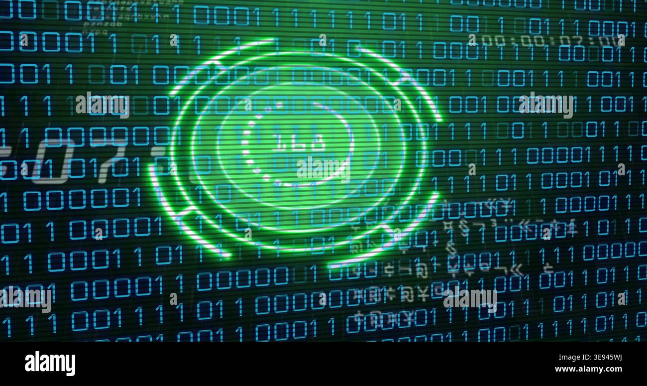 Displaying neon-green ringed HUD scanning digital interface center, with cyan binary digits, grid Stock Photo