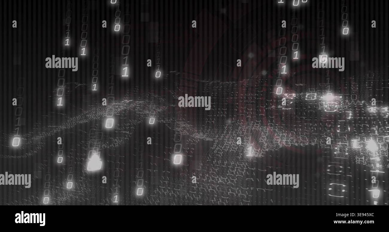 Streaming field of cascading binary digits across virtual data plane, showing glowing nodes Stock Photo