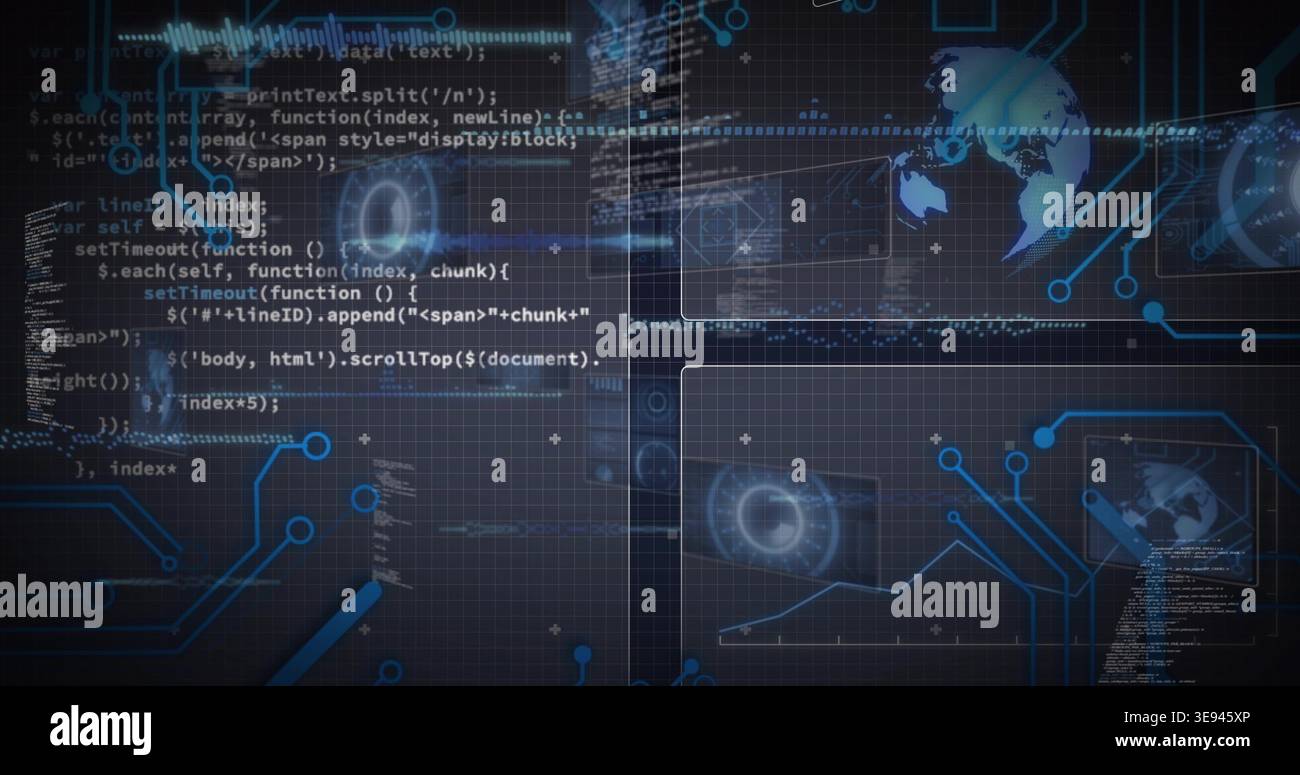 Displaying central digital UI overlay at virtual dashboard, with code blocks, HUD rings and globe Stock Photo