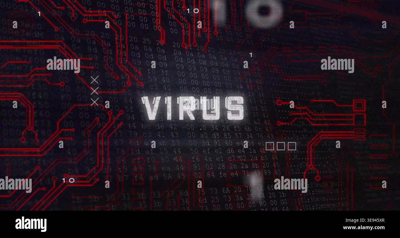Displaying bold pixelated VIRUS text centered over dark code matrix, showing red circuit traces Stock Photo