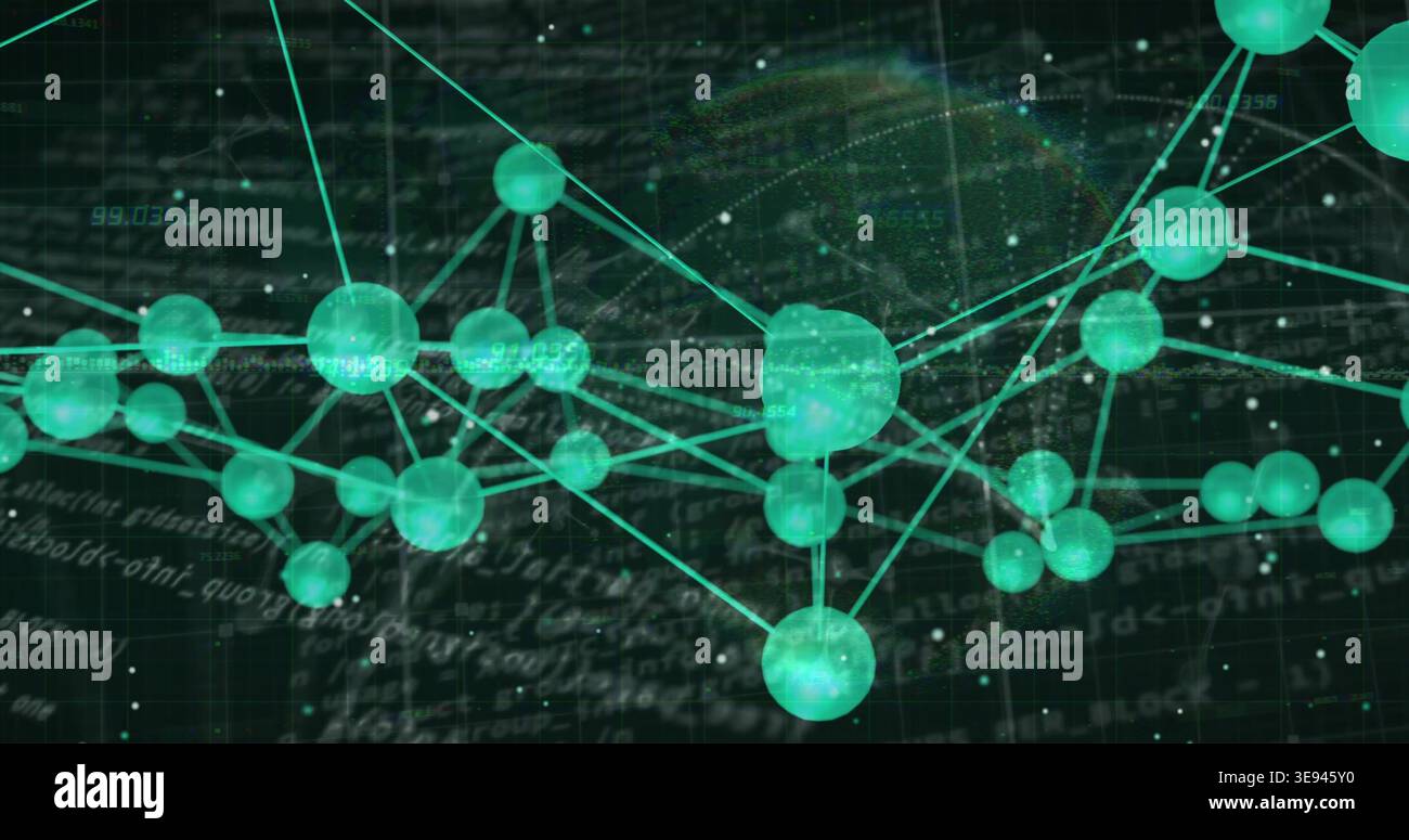 Displaying glowing teal nodes connecting by thin lines in data space, with grid and code overlays Stock Photo