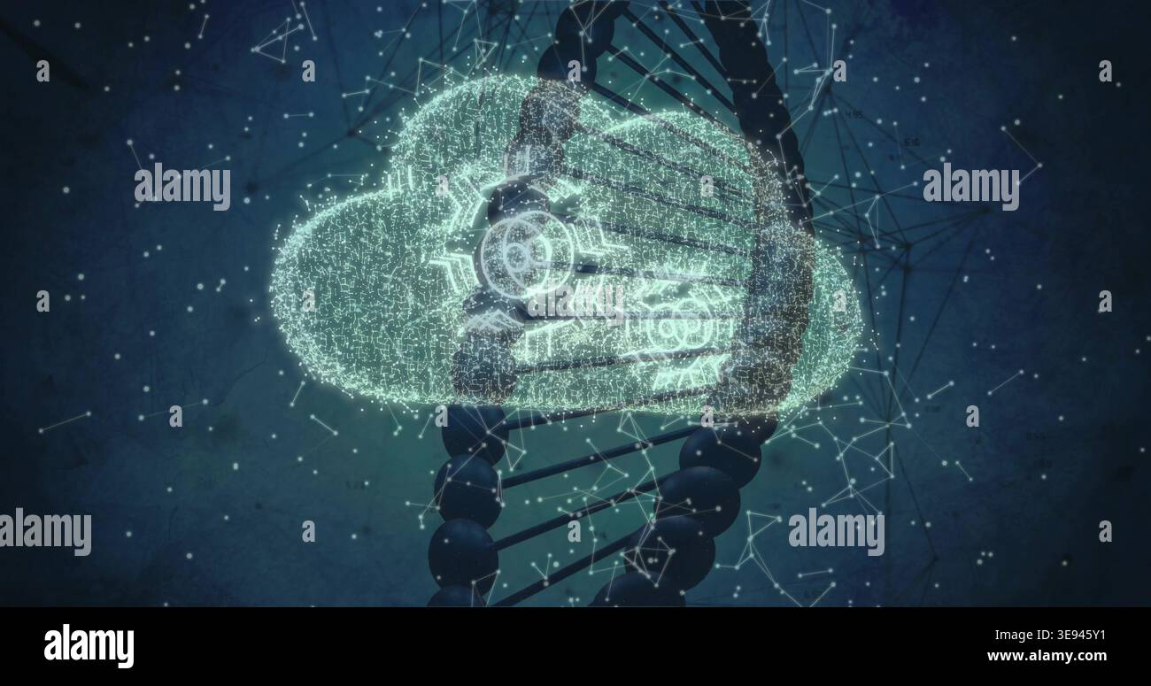 Depicting glowing data cloud overlapping DNA helix in genomic cloud ...