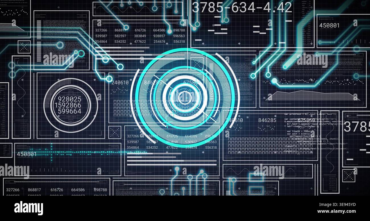 Rendering central concentric HUD rotating over dark grid dashboard, displaying panels and readouts Stock Photo