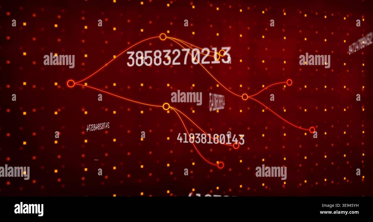 Displaying centered network graph in data space, featuring circular node markers and numeric labels Stock Photo
