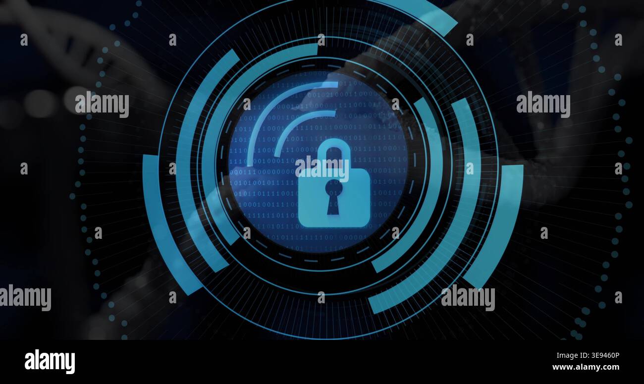 Displaying blue closed padlock icon spinning in ringed HUD at security dashboard, with binary Stock Photo