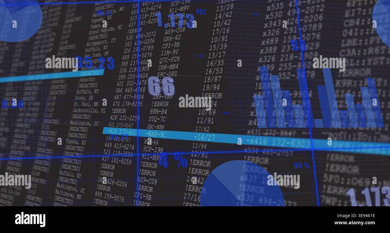 Displaying digital dashboard showing dense code table on monitor, with ERROR, blue highlight bars Stock Photo