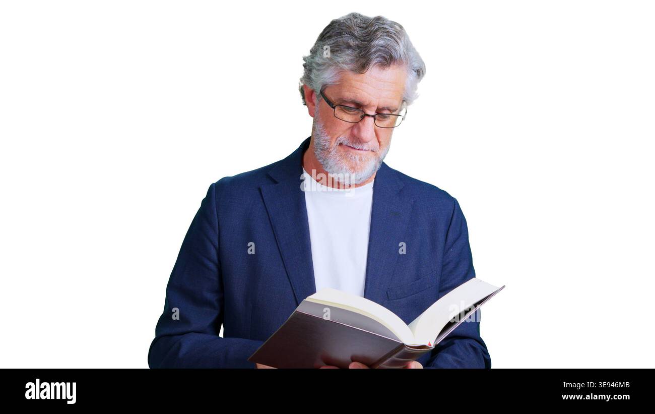 Senior man reading book showing wisdom and knowledge Stock Photo