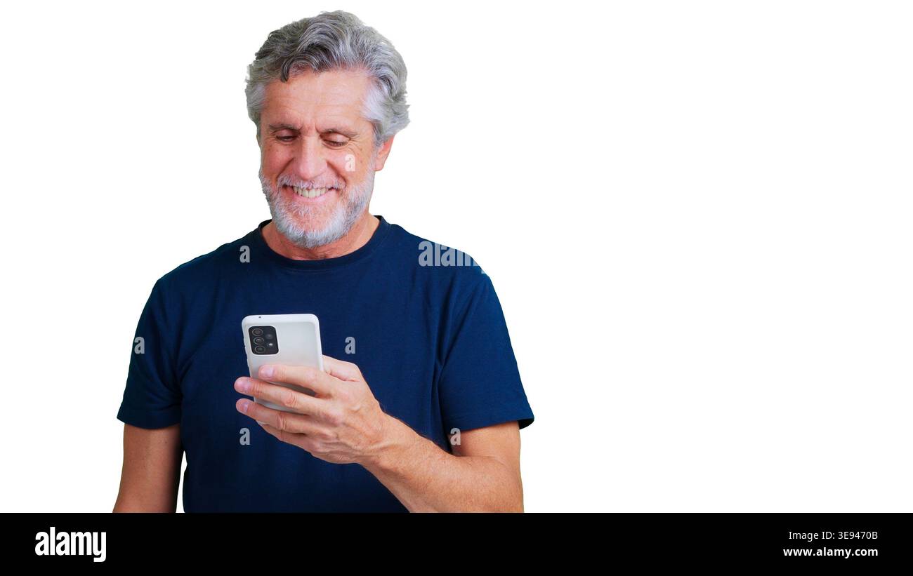 Senior man smiling using smartphone transparent background Stock Photo