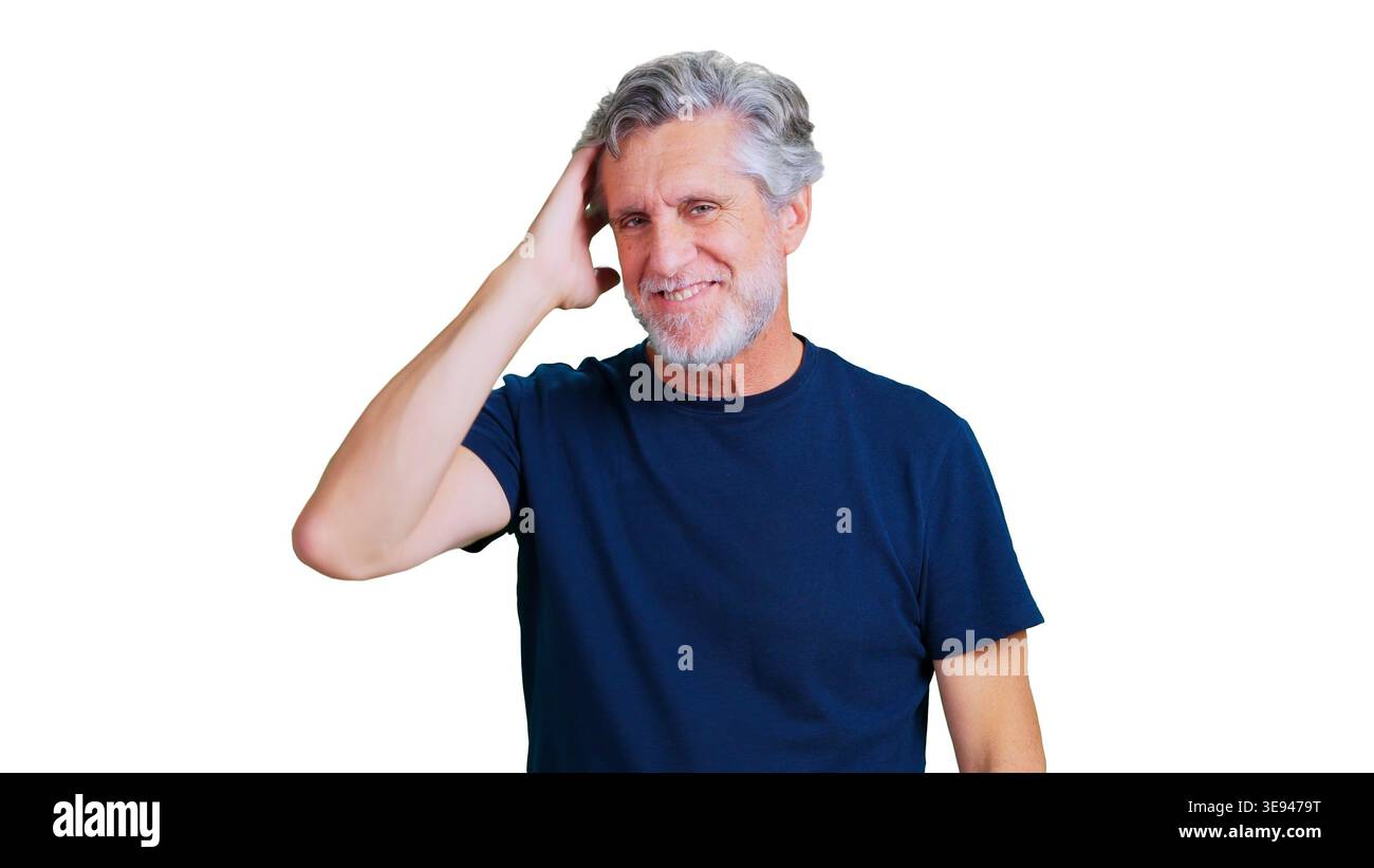 Mature man scratching head smiling concept Stock Photo
