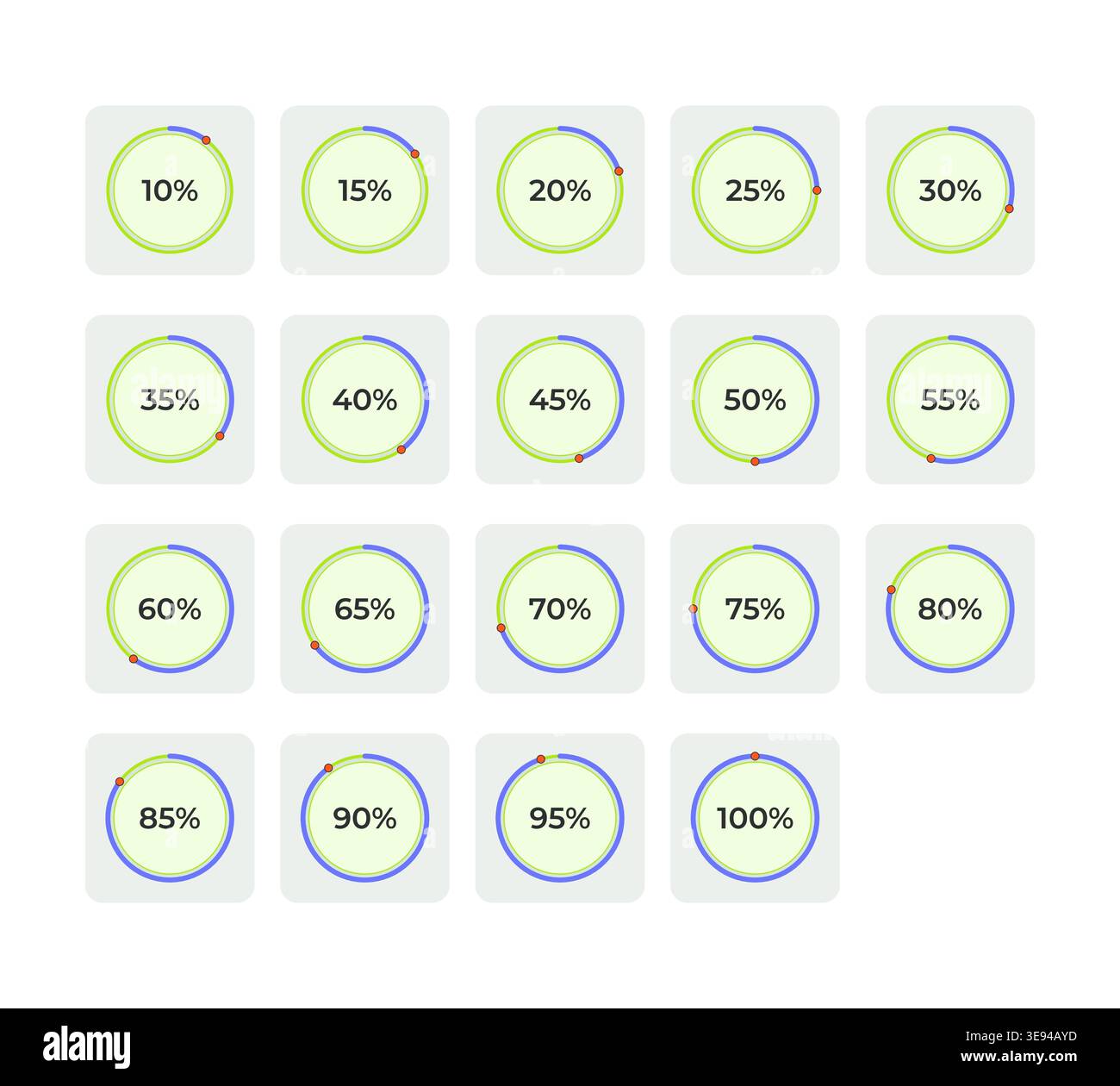 Circular progress with percentage increments flat UI data visualization element set Stock Vector