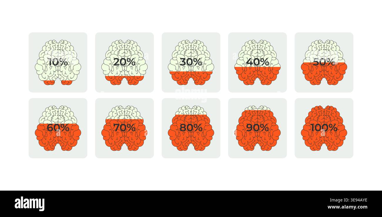 Brain progress increasing percentage flat UI data visualization element set Stock Vector