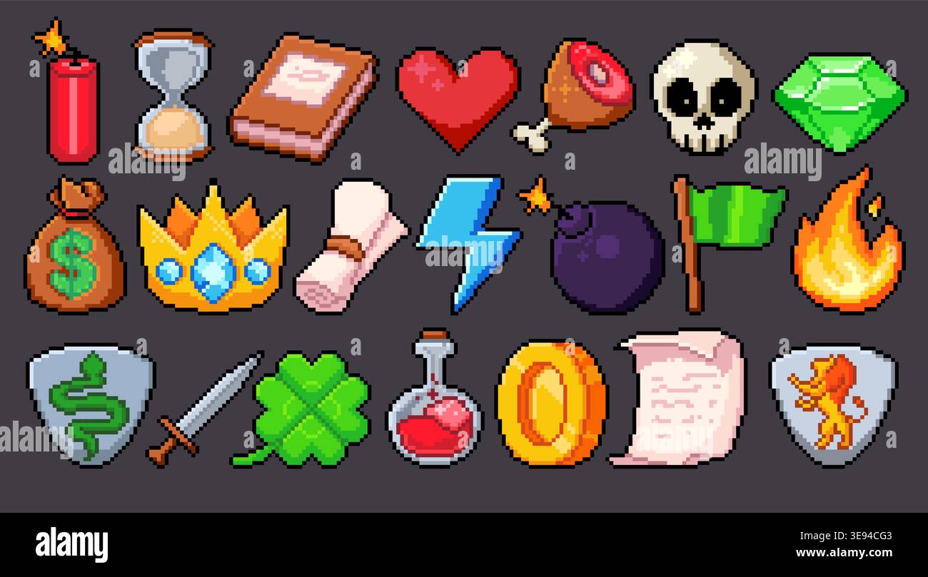 Pixel art game collection of arcade item icons, 8 bit interface elements, coin, heart and crown, book, scroll and clover, retro videogame graphics for level design, ui cartoon vector illustrations Stock Vector