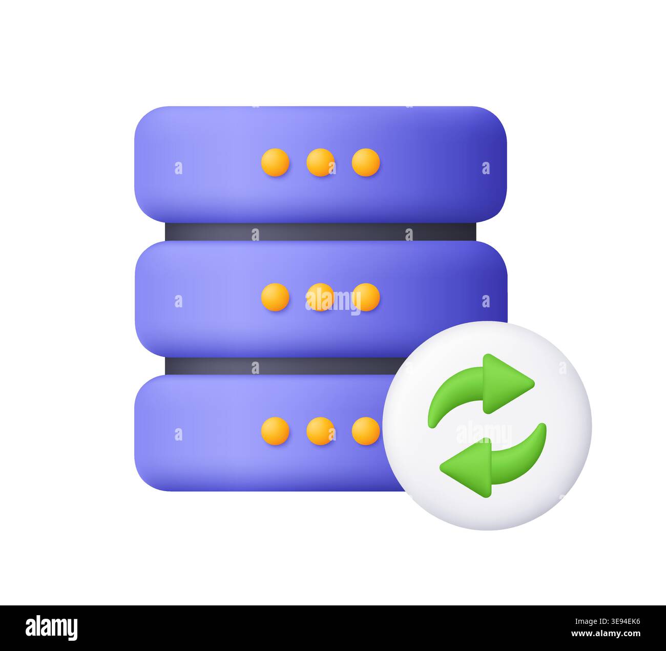 Purple database server stack with green synchronization or refresh arrows icon. Data sync, backup, cloud computing, database management, hosting conce Stock Vector