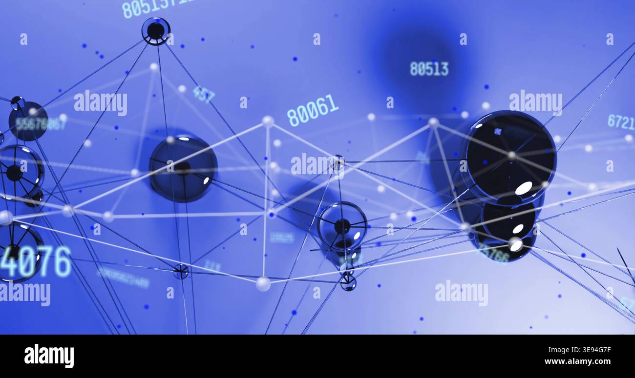 Displaying glossy dark spherical nodes linked by thin lines in 3D data scene showing numeric labels Stock Photo