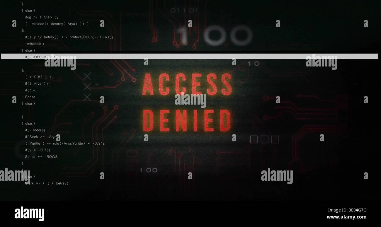 Displaying red ACCESS DENIED text dominating dark computer screen, showing console bar and code Stock Photo