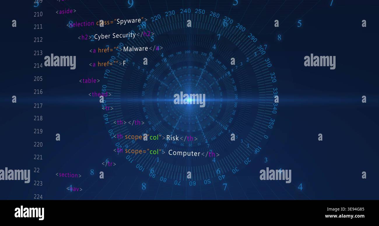 Displaying central HUD pulsing in dark blue virtual interface, with Cyber Security code column Stock Photo