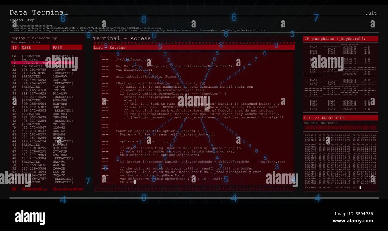 Displaying central red code pane on monitor, showing source code, left userpass table, IP hex dump Stock Photo