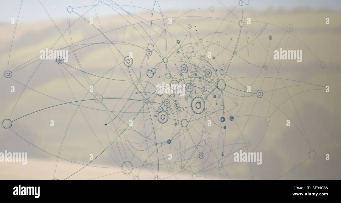 Displaying abstract node network floating over hazy backdrop, with concentric circular nodes Stock Photo