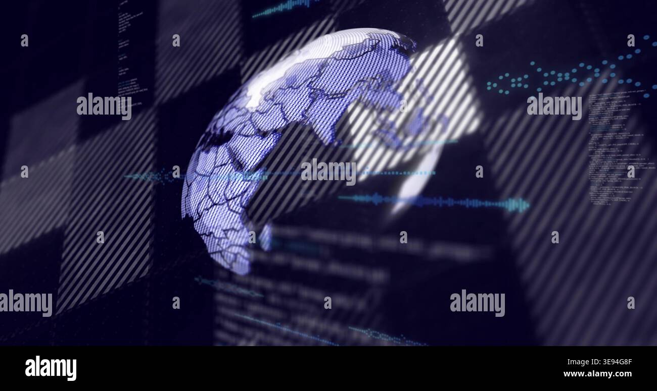 Displaying mosaic 3D globe rotating on dark control screen, showing cyan waveforms and code Stock Photo