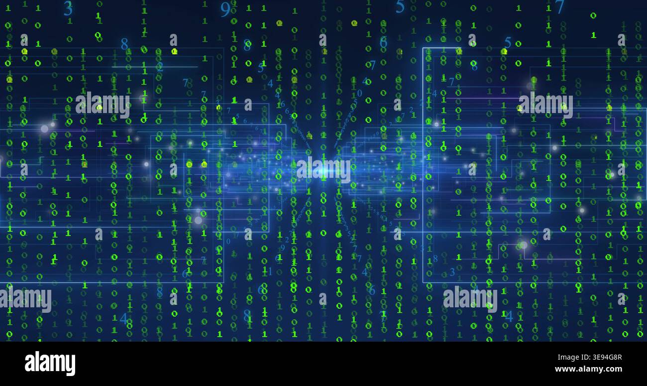 Streaming green binary digits creating cascading code matrix in dark cyber network, with cyan flare Stock Photo