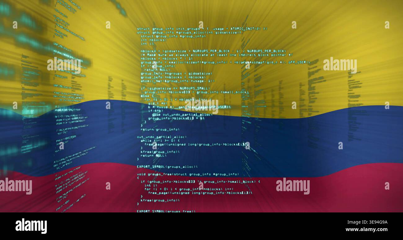 Displaying Colombian tricolor flag streaking across digital studio, with overlaid teal source code Stock Photo