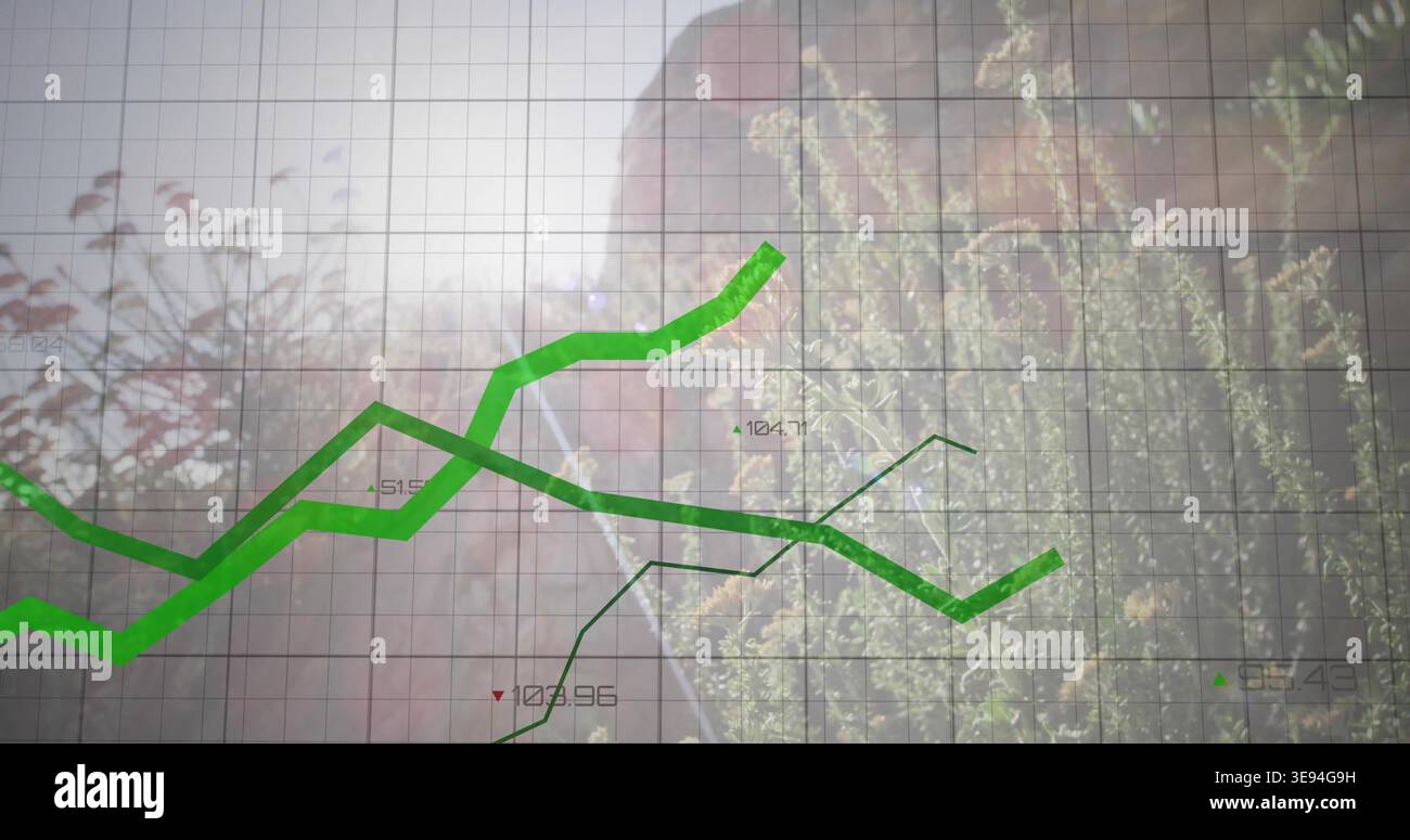 Displaying green line chart overlaying garden foliage and blurred woman ...