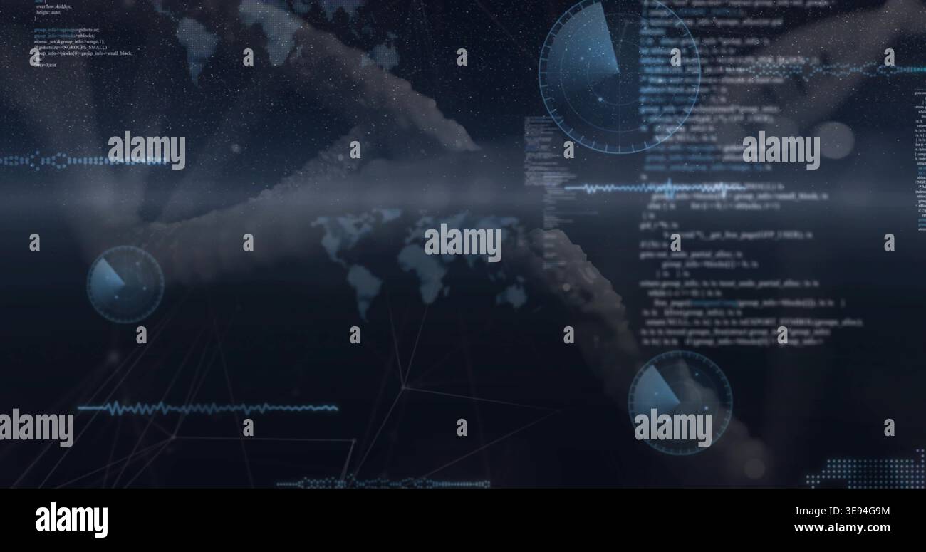 Displaying centered digital world map in virtual dashboard, with HUD gauges and blurred code column Stock Photo