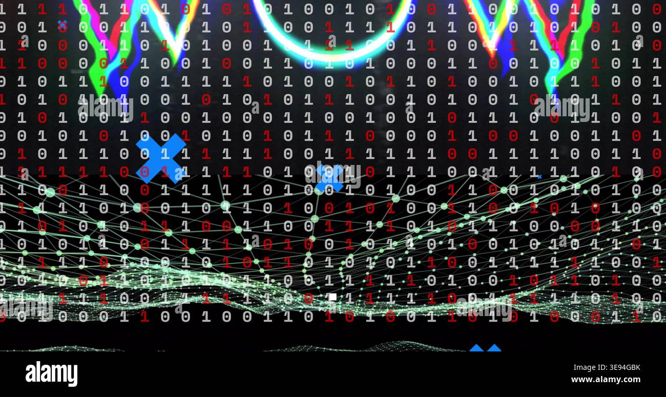 Streaming binary digits and network mesh forming pulsing grid on virtual display, with cyan ring Stock Photo