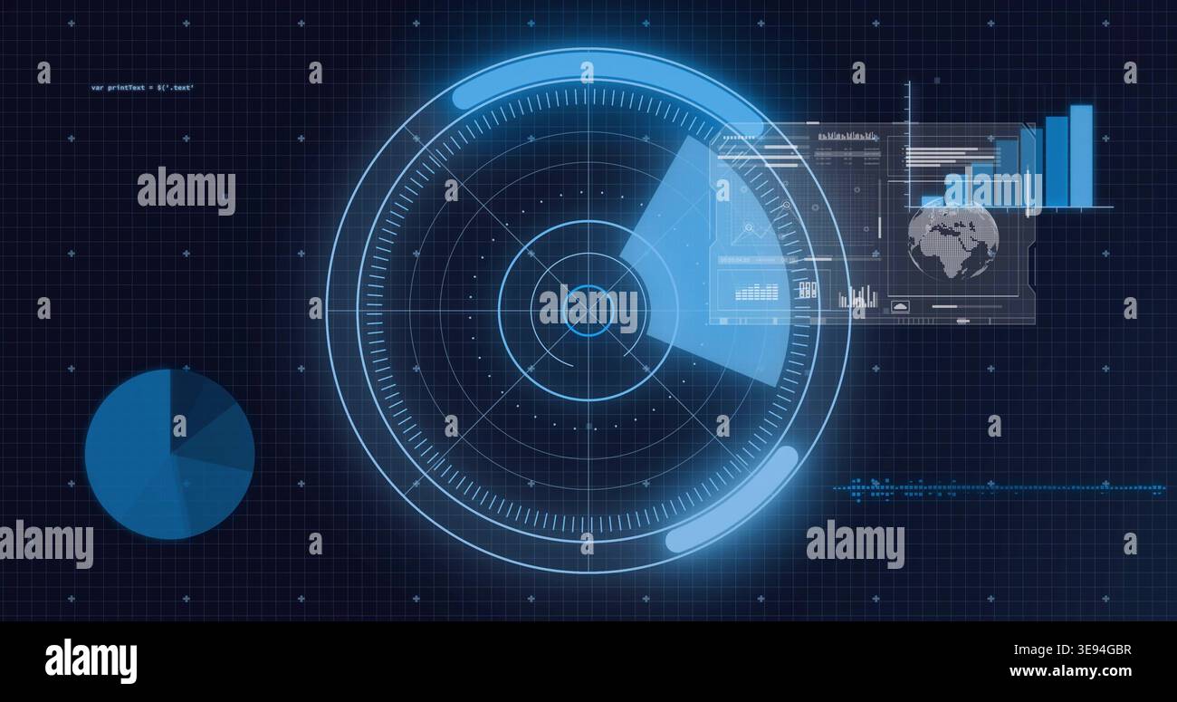 Scanning central radar HUD sweeping on digital analytics dashboard, displaying pie chart, bar chart Stock Photo