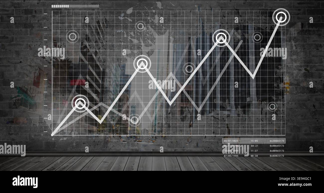 Displaying translucent Cartesian grid and white zigzag chart on gallery brick wall, with data table Stock Photo