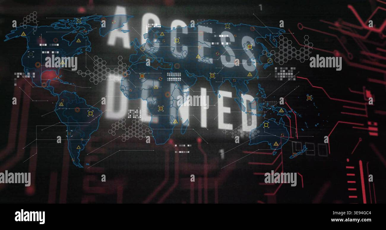 Displaying distressed ACCESS DENIED overlaying world map on security dashboard, showing hex nodes Stock Photo