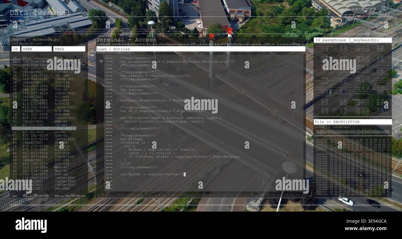 Displaying central code window hovering over aerial highway junction, showing ID USER PASS panels Stock Photo