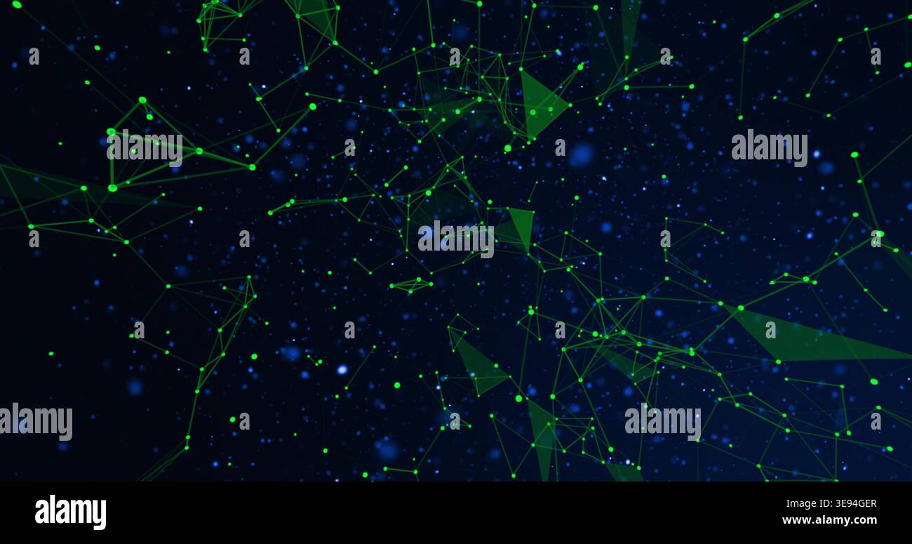Glowing dense green node-and-line network floating in virtual space, with triangular facets Stock Photo