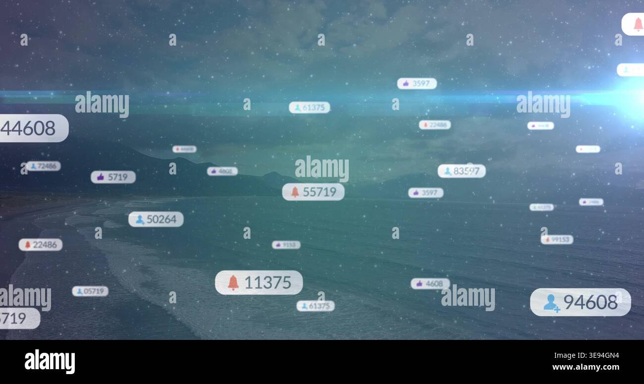 Floating notification badges drifting across twilight coast and sea, displaying numeric counters Stock Photo