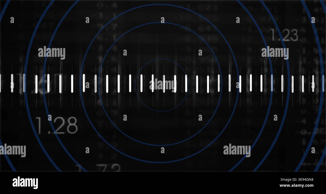 Displaying central white vertical bar array on digital display, showing concentric blue circles Stock Photo