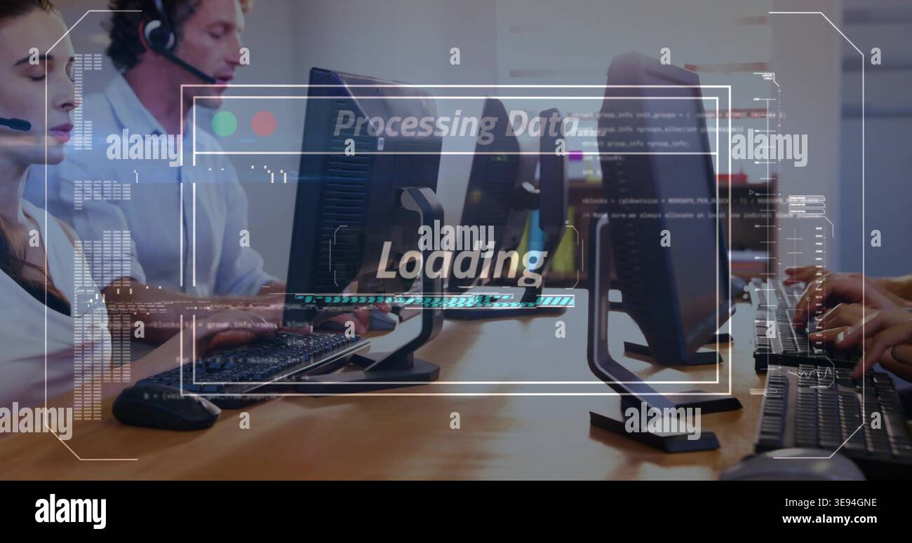 Typing team in collared shirts using monitors, keys at office showing Processing Data Loading HUD Stock Photo