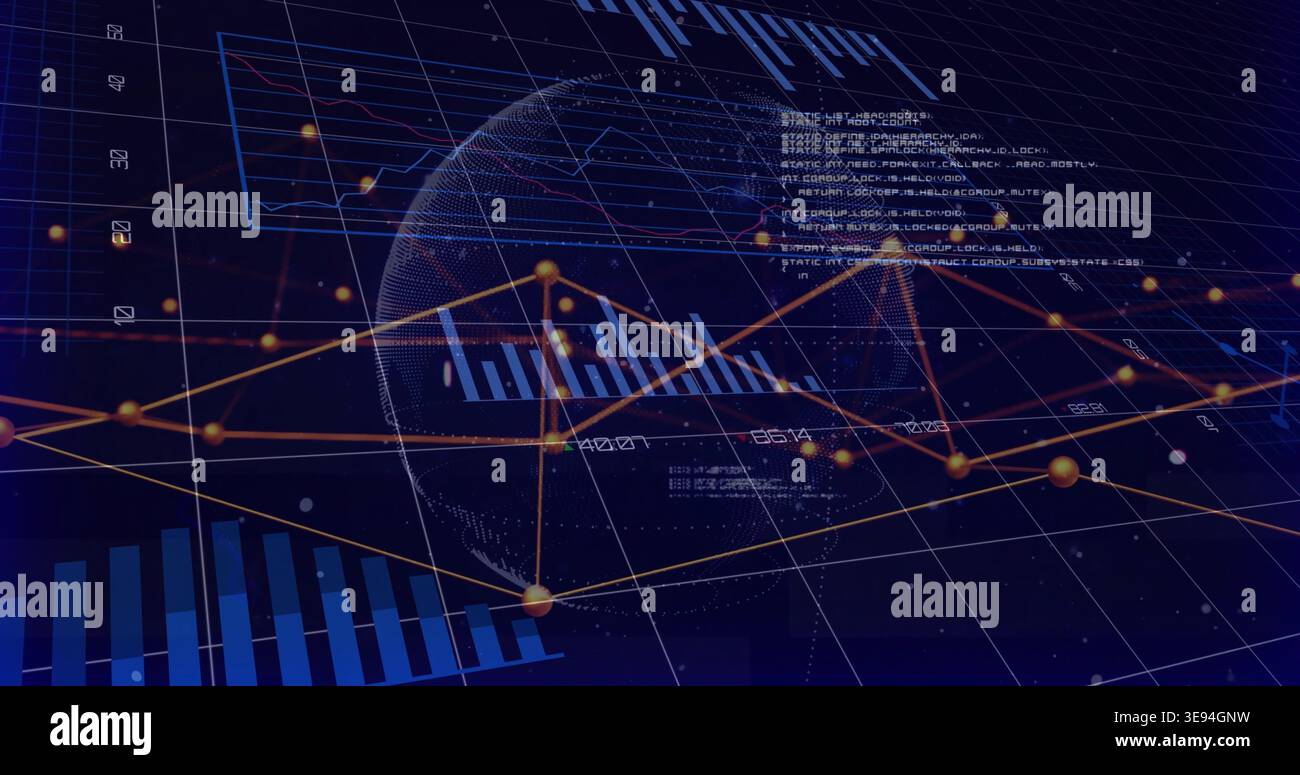 Displaying wireframe 3D globe rotating on digital dashboard, showing blue bars and orange node line Stock Photo
