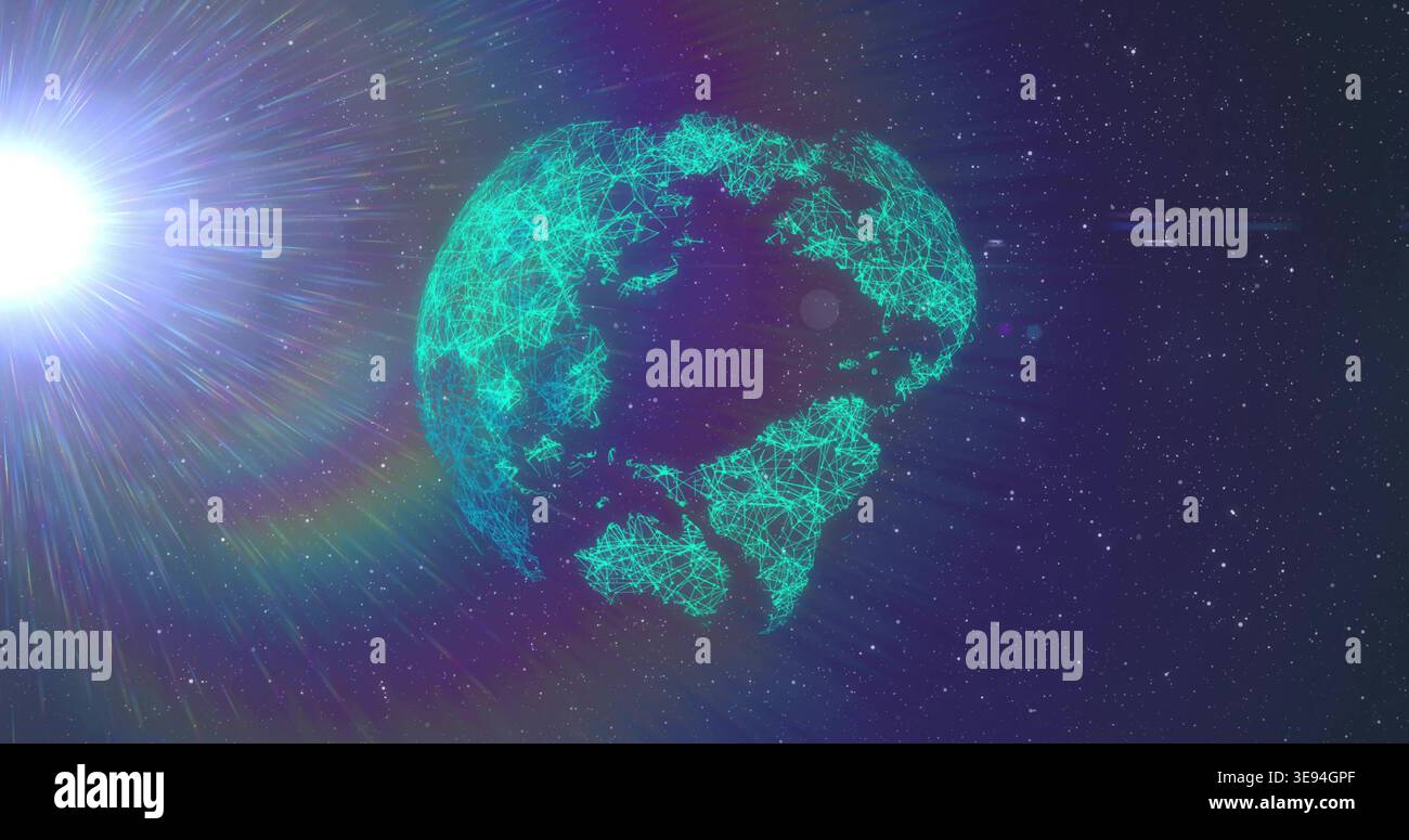 Glowing teal wireframe globe with nodes and lines rotating in space, displaying bright star halo Stock Photo