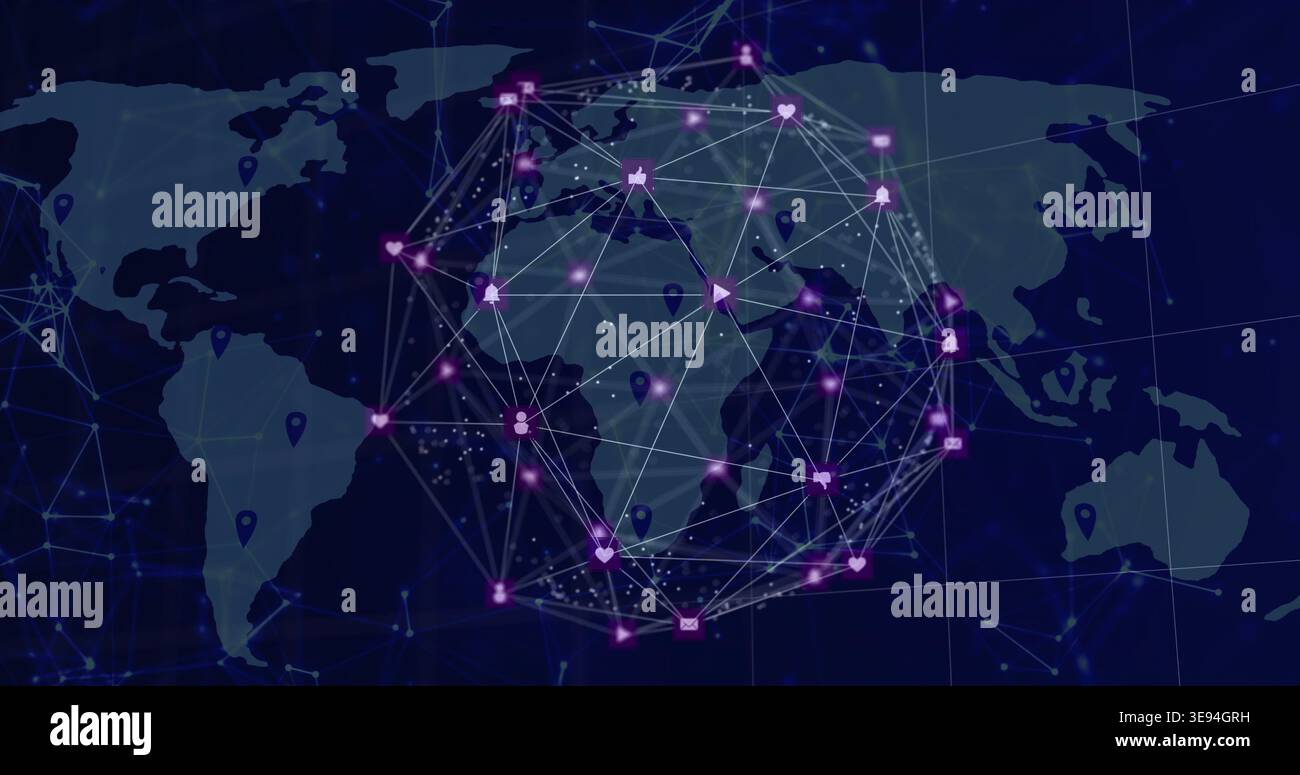 Displaying translucent spherical network over global map, showing ...